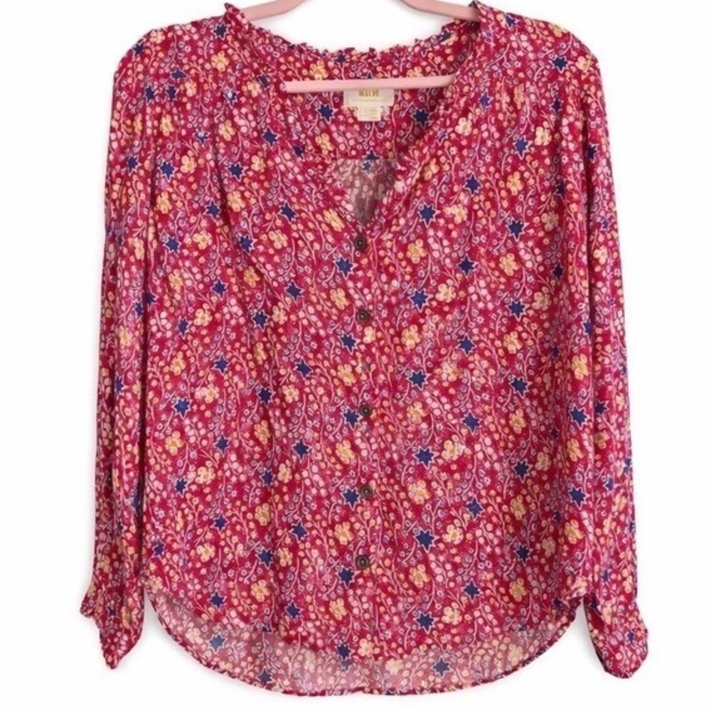 Maeve Anthropologie Ruffle Blouse Size 8 Red Floral Star Print Boho Romantic